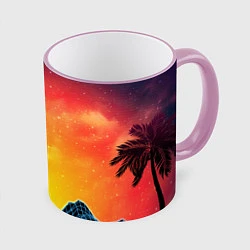 Кружка 3D Тропический остров на закате ретро иллюстрация, цвет: 3D-розовый кант