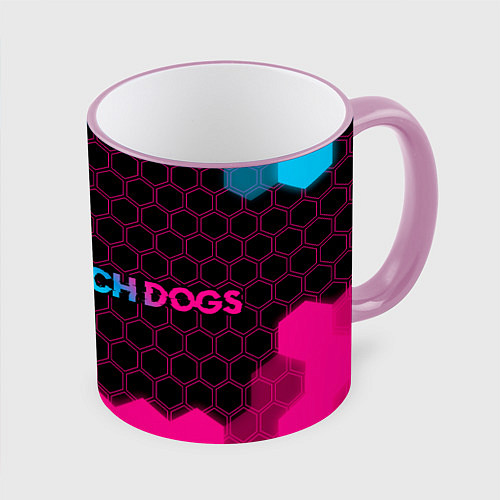 Кружка цветная Watch Dogs - neon gradient: надпись и символ / 3D-Розовый кант – фото 1