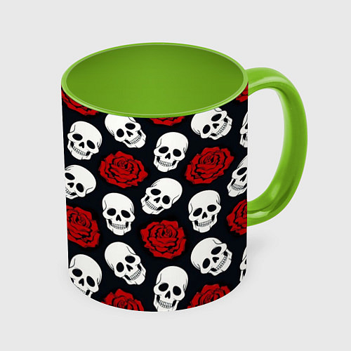 Кружка цветная Весёлые черепки и розы / 3D-Белый + светло-зеленый – фото 1