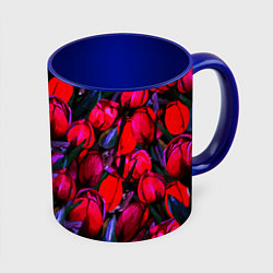 Кружка 3D Тюльпаны - поле красных цветов, цвет: 3D-белый + синий
