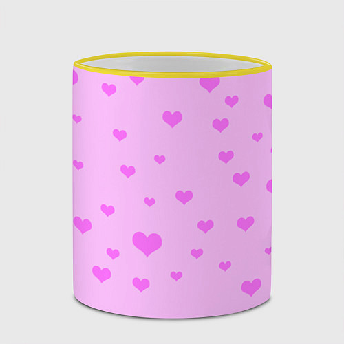 Кружка цветная Сердечки розовые абстракция / 3D-Желтый кант – фото 2