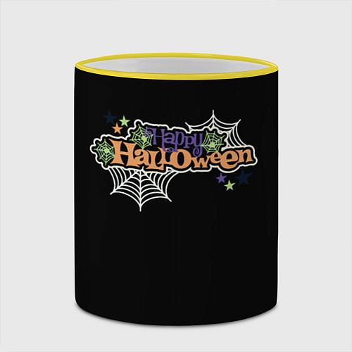 Кружка цветная Happy Halloween надпись / 3D-Желтый кант – фото 2