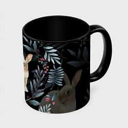 Кружка 3D Новогодний кролик - Веточки и цветочки, цвет: 3D-белый + черный
