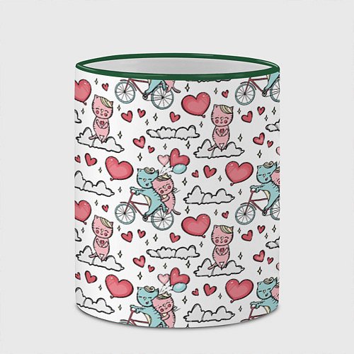Кружка цветная Влюблённые кот и кошка на велосипеде / 3D-Зеленый кант – фото 2