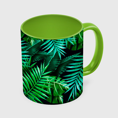 Кружка цветная Тропические растения - текстура / 3D-Белый + светло-зеленый – фото 1