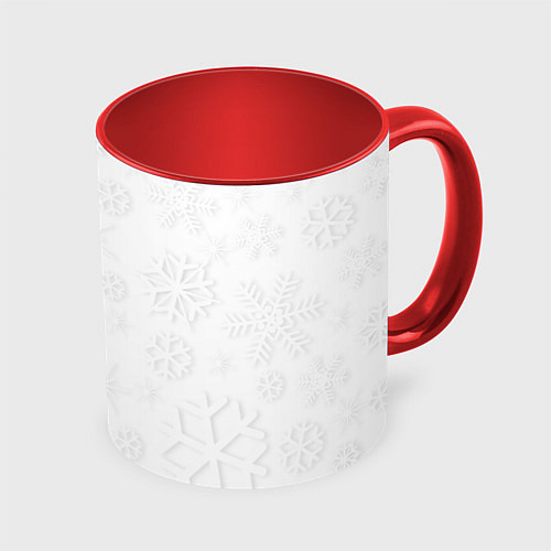 Кружка цветная Белые новогодние снежинки / 3D-Белый + красный – фото 1