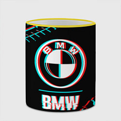 Кружка 3D Значок BMW в стиле glitch на темном фоне, цвет: 3D-желтый кант — фото 2