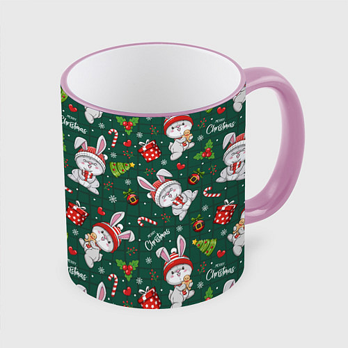 Кружка цветная Новогодние кролики - паттерн / 3D-Розовый кант – фото 1