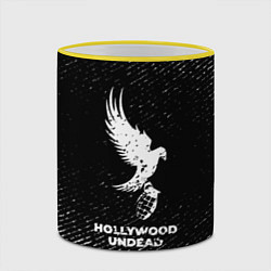 Кружка 3D Hollywood Undead с потертостями на темном фоне, цвет: 3D-желтый кант — фото 2