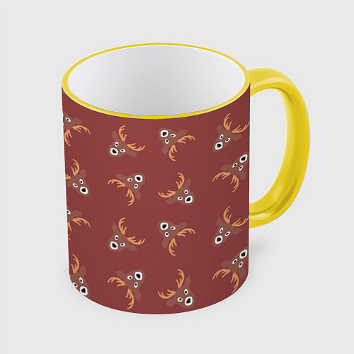 Кружка цветная Эстетика: праздничные олени на бордовом фоне / 3D-Желтый кант – фото 1