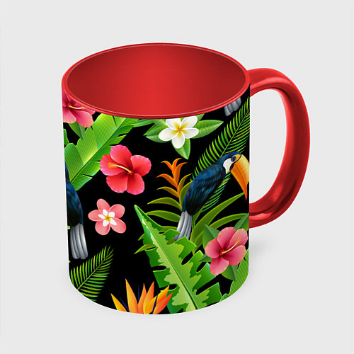 Кружка цветная Тропический паттерн с туканом / 3D-Белый + красный – фото 1