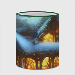 Кружка 3D Новогодний коттедж с гирляндами в заснеженном лесу, цвет: 3D-зеленый кант — фото 2