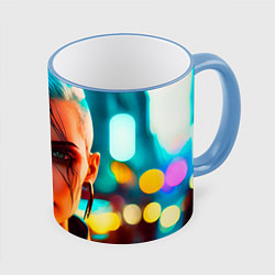 Кружка цветная Нейросеть - девушка в стиле киберпанк