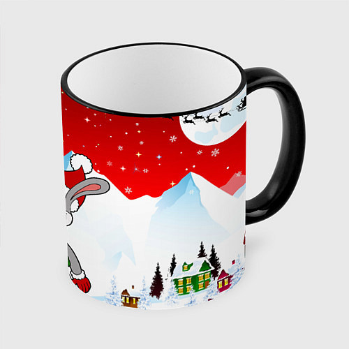 Кружка цветная Новый год - зайчик / 3D-Черный кант – фото 1