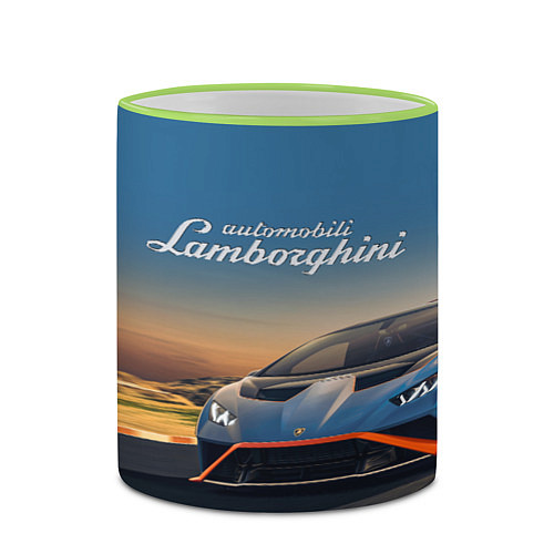 Кружка цветная Lamborghini Huracan STO - car racing / 3D-Светло-зеленый кант – фото 2