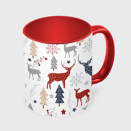 Кружка цветная Олени в новогоднем лесу / 3D-Белый + красный – фото 1