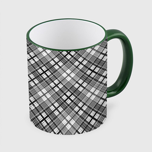 Кружка цветная Черно белый узор в косую клетку / 3D-Зеленый кант – фото 1