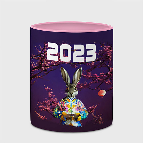 Кружка цветная Кролик на фоне сакуры 2023 / 3D-Белый + розовый – фото 2