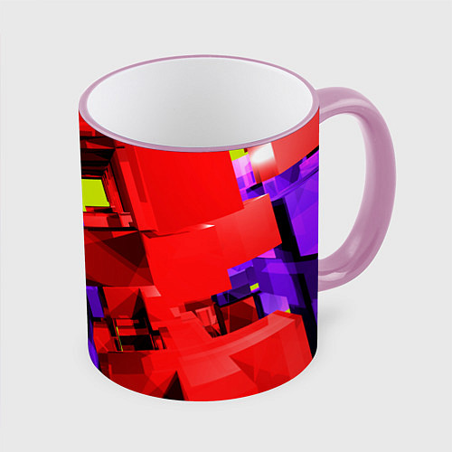 Кружка цветная Множество геометрических красных, фиолетовых и жёл / 3D-Розовый кант – фото 1