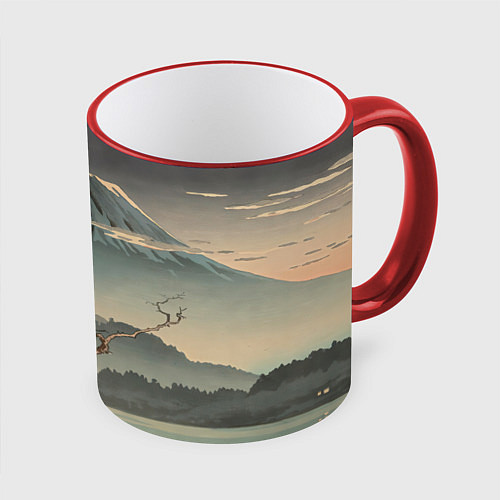 Кружка цветная Великий вулкан Фудзияма / 3D-Красный кант – фото 1