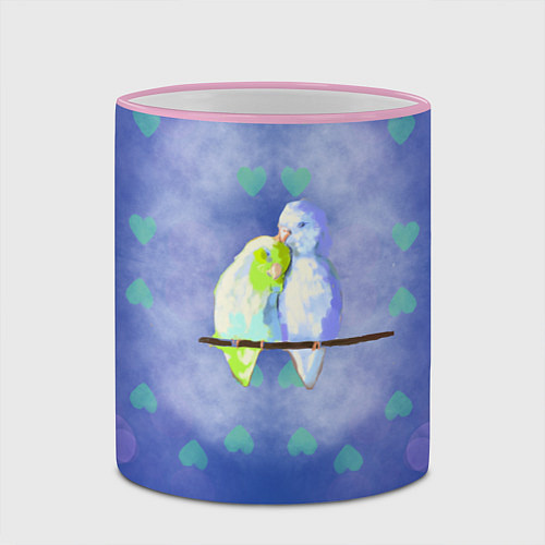 Кружка цветная Влюбленные попугаи в день Святого Валентина / 3D-Розовый кант – фото 2
