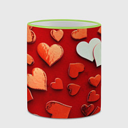Кружка 3D Красные сердца на красном фоне, цвет: 3D-светло-зеленый кант — фото 2