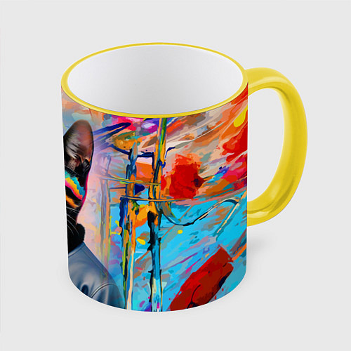 Кружка цветная Кошечка следящая за модой - нейросеть / 3D-Желтый кант – фото 1