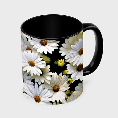 Кружка цветная Белые цветы ромашки - летний паттерн / 3D-Белый + черный – фото 1
