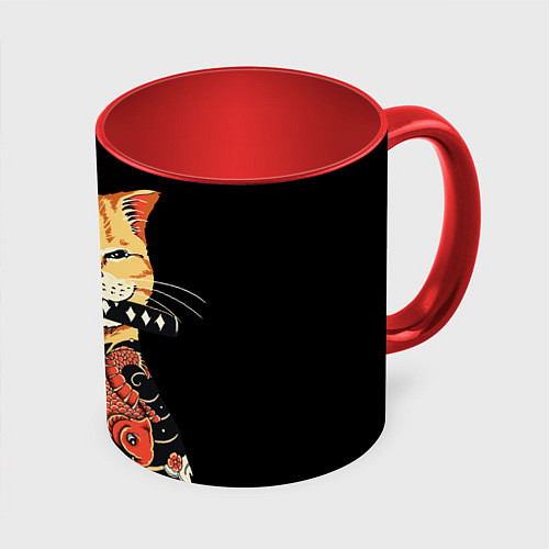Кружка цветная Yakuza tattoo cat / 3D-Белый + красный – фото 1