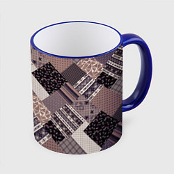 Кружка 3D Коричневый узор в стиле фолк-пэчворк, цвет: 3D-синий кант