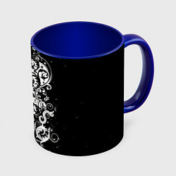 Кружка 3D Черно-белая птица среди узорчатых цветов, цвет: 3D-белый + синий