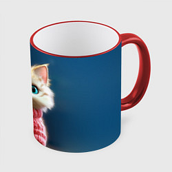 Кружка 3D Котик в розовом свитере, цвет: 3D-красный кант