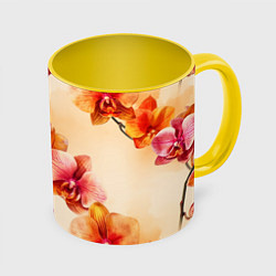 Кружка 3D Акварельные цветы - персиковый паттерн, цвет: 3D-белый + желтый