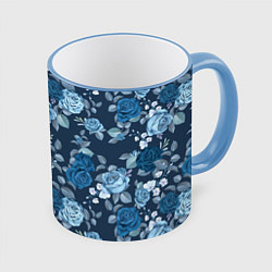 Кружка цветная Голубые розы паттерн