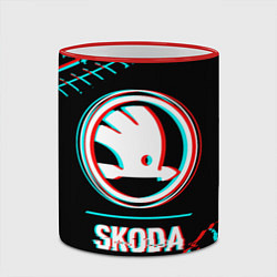 Кружка 3D Значок Skoda в стиле glitch на темном фоне, цвет: 3D-красный кант — фото 2