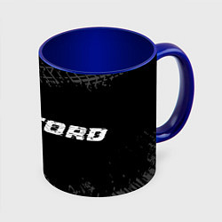 Кружка 3D Ford speed на темном фоне со следами шин: надпись, цвет: 3D-белый + синий