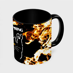 Кружка 3D The Offspring рок кот и огонь, цвет: 3D-белый + черный