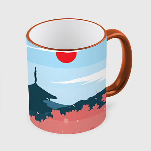 Кружка цветная Вид на Фудзияму - Япония / 3D-Оранжевый кант – фото 1