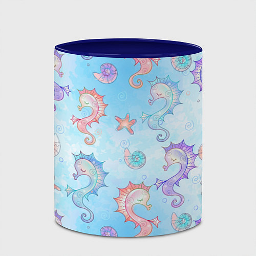 Кружка цветная Морские коньки - паттерн / 3D-Белый + синий – фото 2