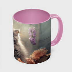 Кружка 3D Серый котенок, винтажное фото, цвет: 3D-белый + розовый