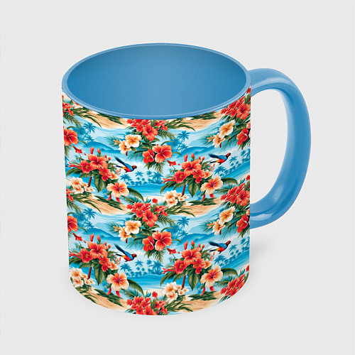 Кружка цветная Гавайский стиль летние цветы / 3D-Белый + небесно-голубой – фото 1