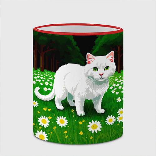 Кружка цветная Белый кот на лугу пиксель арт / 3D-Красный кант – фото 2
