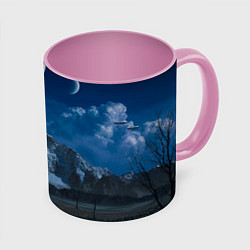 Кружка 3D Ночные горы в природе и небо с нло, цвет: 3D-белый + розовый