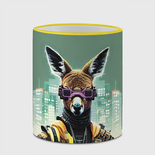 Кружка цветная Cool kangaroo - cyberpunk / 3D-Желтый кант – фото 2