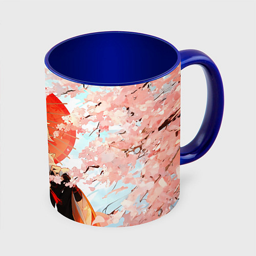 Кружка цветная Казуха с зонтиком - Геншин Импакт / 3D-Белый + синий – фото 1