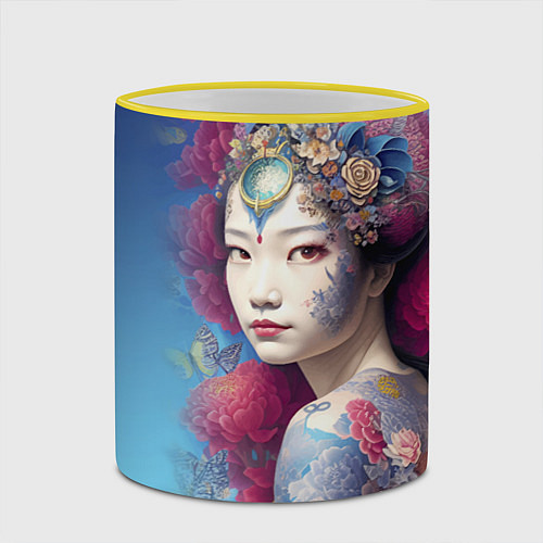 Кружка цветная Japanese girl - irezumi - tattoo - art / 3D-Желтый кант – фото 2