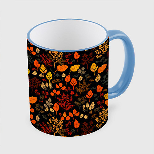 Кружка цветная Осенние листья на черном фоне / 3D-Небесно-голубой кант – фото 1