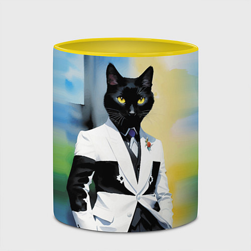 Кружка цветная Cat fashionista - neural network - pop art / 3D-Белый + желтый – фото 2