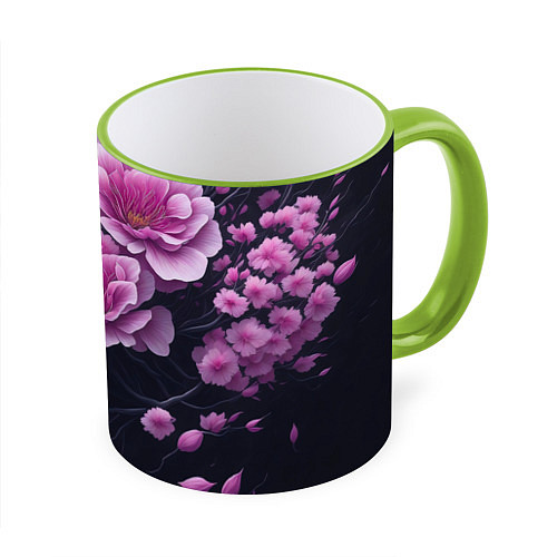 Кружка цветная Ветки цветущей розовой сакуры / 3D-Светло-зеленый кант – фото 1