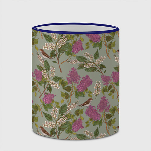 Кружка цветная Мухоловки и сирень / 3D-Синий кант – фото 2